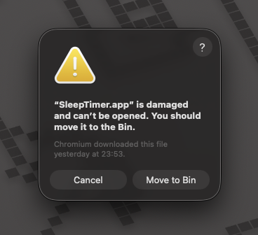 macOS warning: SleepTimer.app is damaged and cannot be opened
